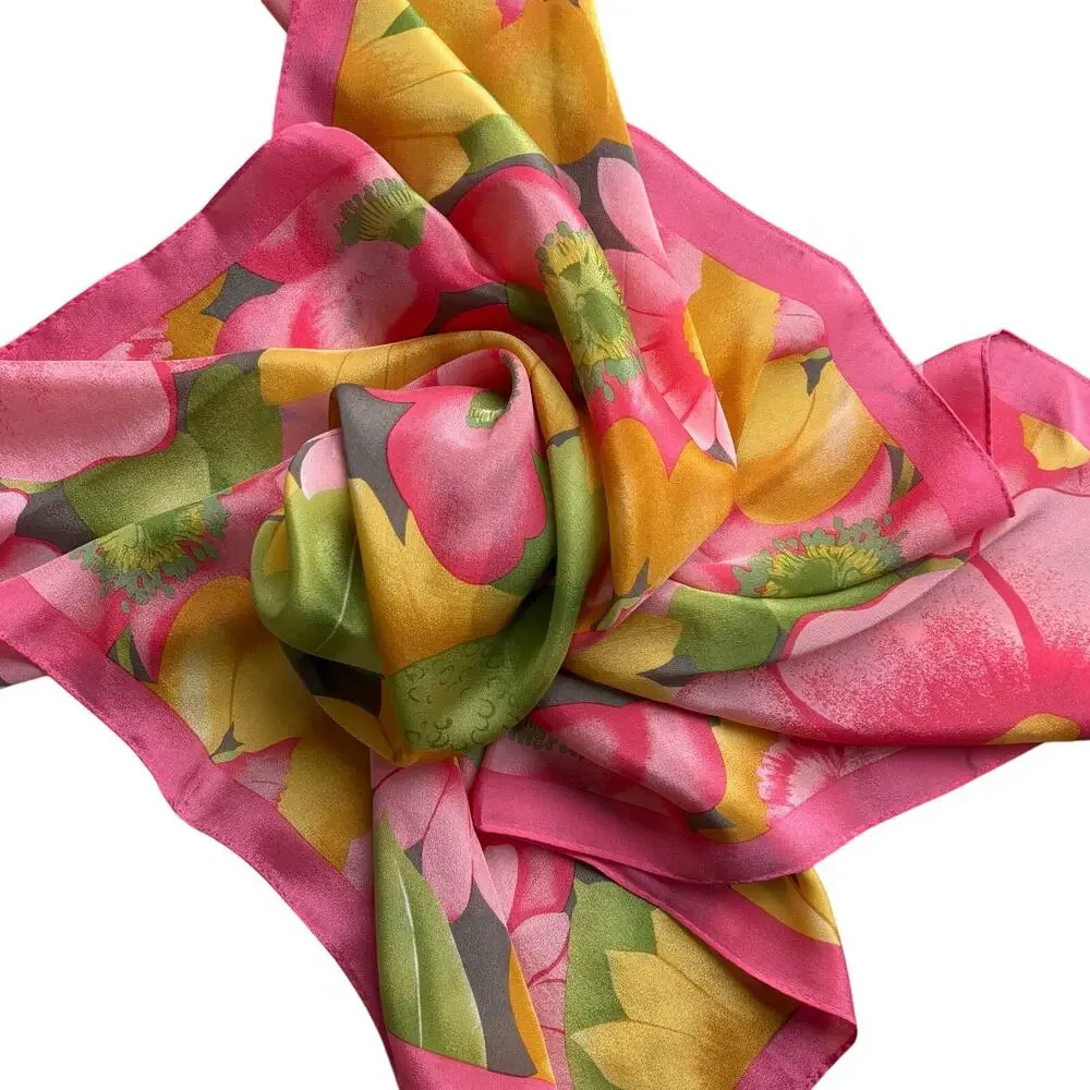 Colorful silk scarf by Elaine Gold vintage 80s large square peachy flower power